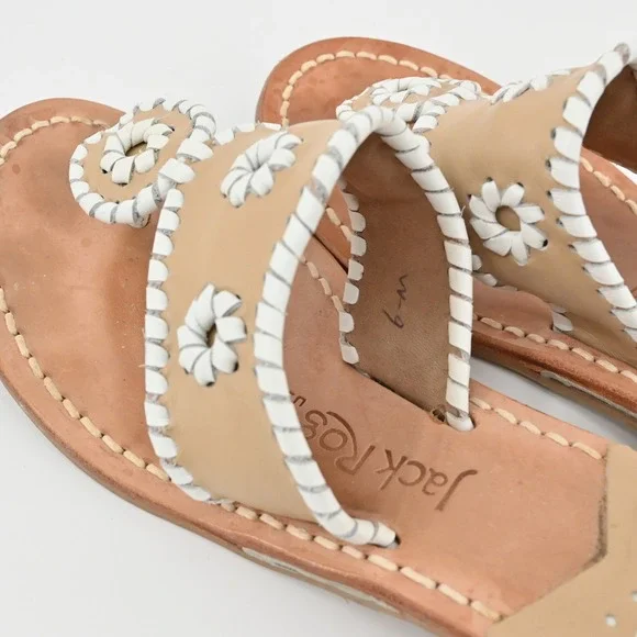 Jack Rogers Georgica Thong Sandals Womens Size 6 Tan White Leather Whipstitch - Picture 7 of 8